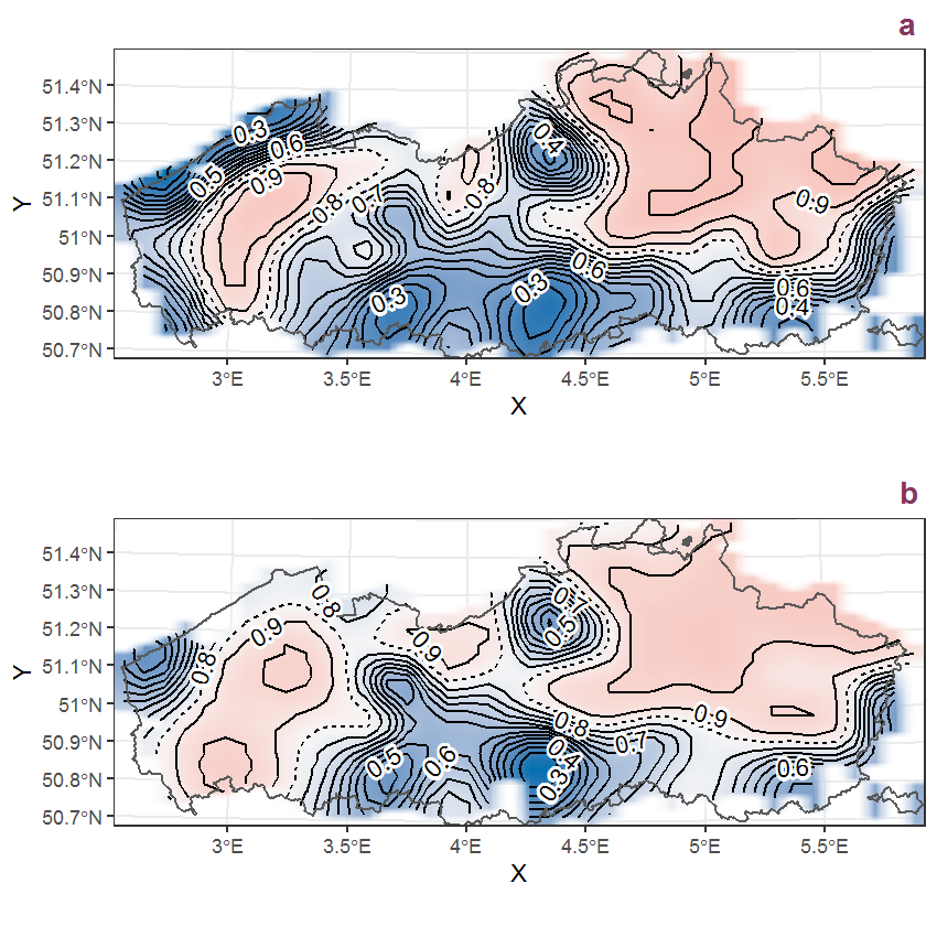 Visualisation of the spatial smooth effect on the probability of Lysimachia vulgaris L. presence in 1 km x 1 km squares where the species has been observed at least once. The probabilities (values on the contour lines) are conditional on the final year of observation and a list-length equal to 130. The dashed contour line demarcates zones where the species is expected to be more prevalent (red shades) from zones where the species is less prevalent (blue shades). a: 1950 - 2018, b: 1990 - 2018.