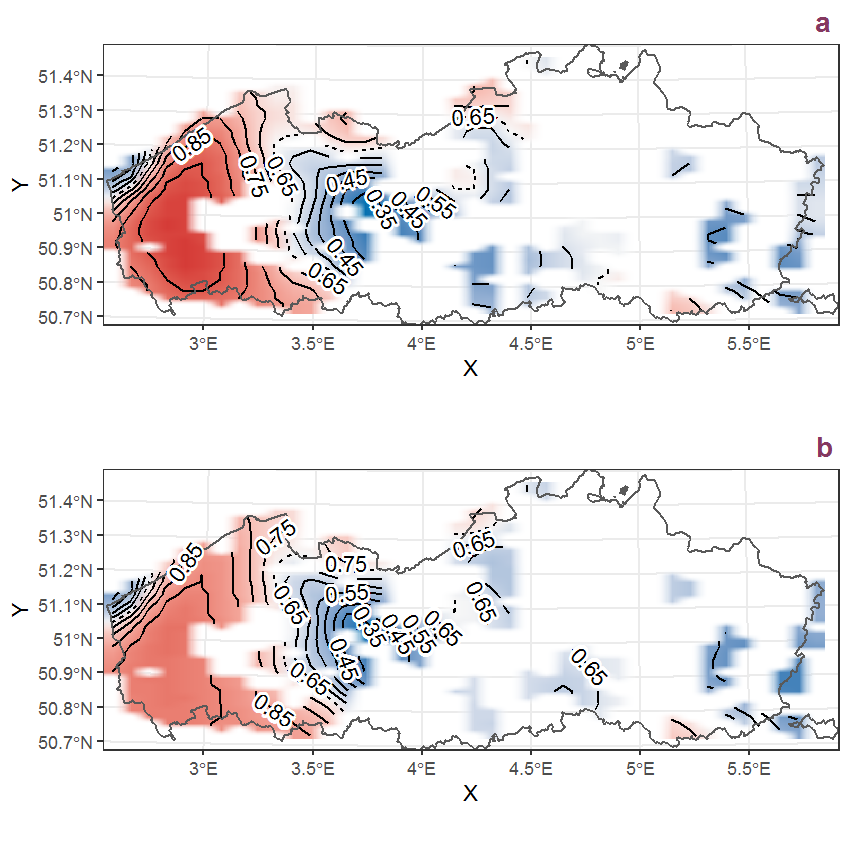 Visualisation of the spatial smooth effect on the probability of Medicago arabica (L.) Huds. presence in 1 km x 1 km squares where the species has been observed at least once. The probabilities (values on the contour lines) are conditional on the final year of observation and a list-length equal to 130. The dashed contour line demarcates zones where the species is expected to be more prevalent (red shades) from zones where the species is less prevalent (blue shades). a: 1950 - 2018, b: 1990 - 2018.
