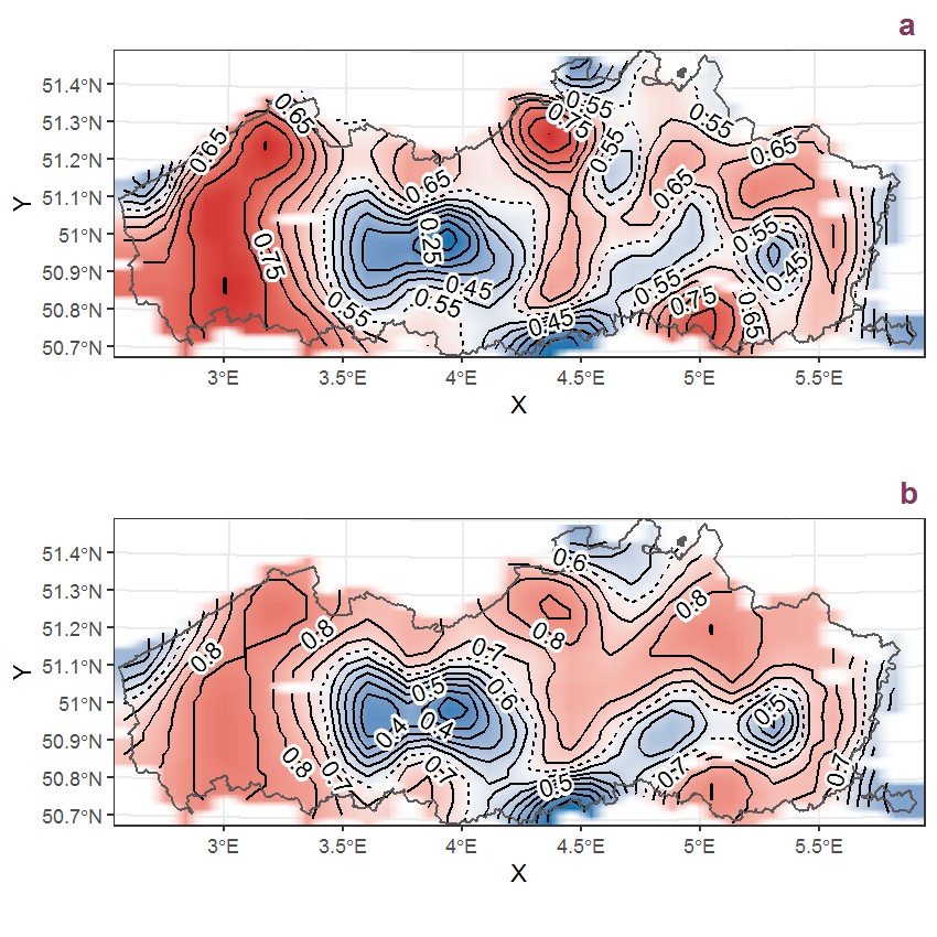 Visualisation of the spatial smooth effect on the probability of Melilotus albus Med. presence in 1 km x 1 km squares where the species has been observed at least once. The probabilities (values on the contour lines) are conditional on the final year of observation and a list-length equal to 130. The dashed contour line demarcates zones where the species is expected to be more prevalent (red shades) from zones where the species is less prevalent (blue shades). a: 1950 - 2018, b: 1990 - 2018.