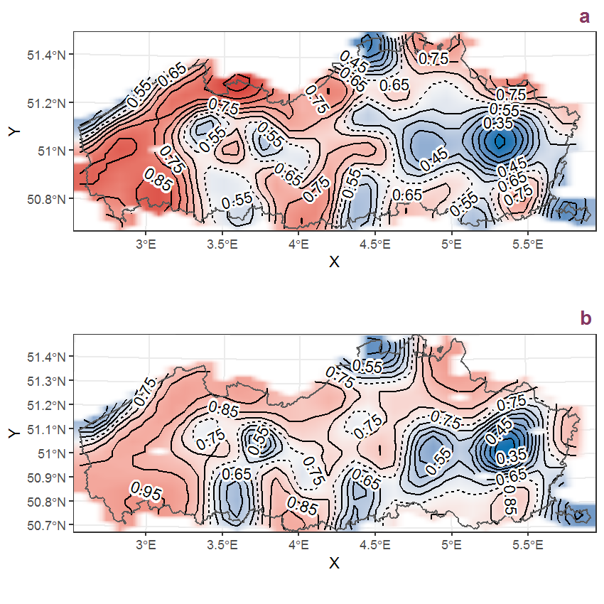 Visualisation of the spatial smooth effect on the probability of Mentha aquatica L. presence in 1 km x 1 km squares where the species has been observed at least once. The probabilities (values on the contour lines) are conditional on the final year of observation and a list-length equal to 130. The dashed contour line demarcates zones where the species is expected to be more prevalent (red shades) from zones where the species is less prevalent (blue shades). a: 1950 - 2018, b: 1990 - 2018.