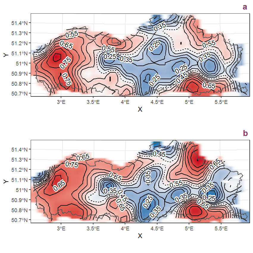 Visualisation of the spatial smooth effect on the probability of Myosotis arvensis (L.) Hill presence in 1 km x 1 km squares where the species has been observed at least once. The probabilities (values on the contour lines) are conditional on the final year of observation and a list-length equal to 130. The dashed contour line demarcates zones where the species is expected to be more prevalent (red shades) from zones where the species is less prevalent (blue shades). a: 1950 - 2018, b: 1990 - 2018.
