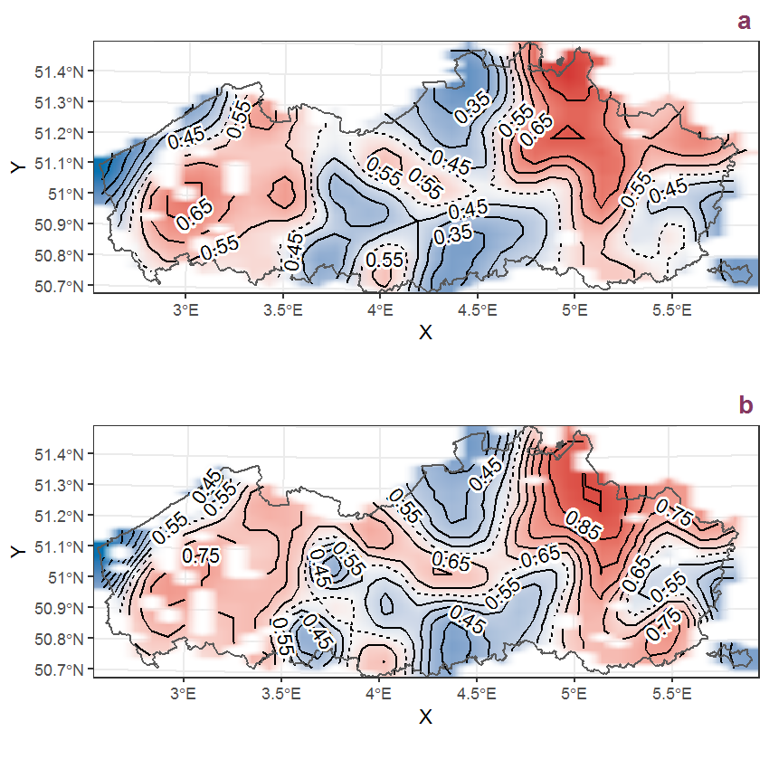 Visualisation of the spatial smooth effect on the probability of Myosotis scorpioides L. presence in 1 km x 1 km squares where the species has been observed at least once. The probabilities (values on the contour lines) are conditional on the final year of observation and a list-length equal to 130. The dashed contour line demarcates zones where the species is expected to be more prevalent (red shades) from zones where the species is less prevalent (blue shades). a: 1950 - 2018, b: 1990 - 2018.