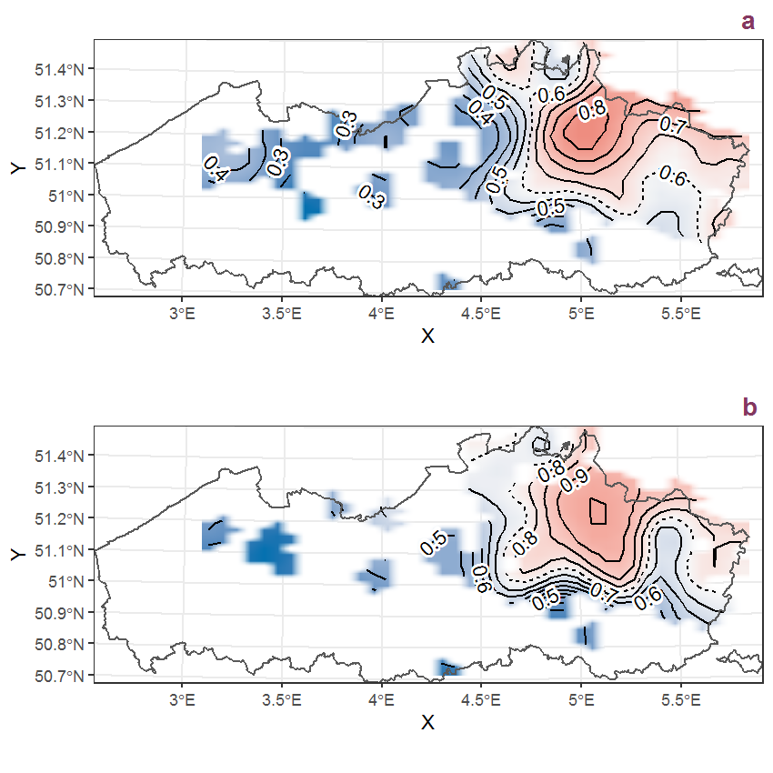 Visualisation of the spatial smooth effect on the probability of Peucedanum palustre (L.) Moench presence in 1 km x 1 km squares where the species has been observed at least once. The probabilities (values on the contour lines) are conditional on the final year of observation and a list-length equal to 130. The dashed contour line demarcates zones where the species is expected to be more prevalent (red shades) from zones where the species is less prevalent (blue shades). a: 1950 - 2018, b: 1990 - 2018.