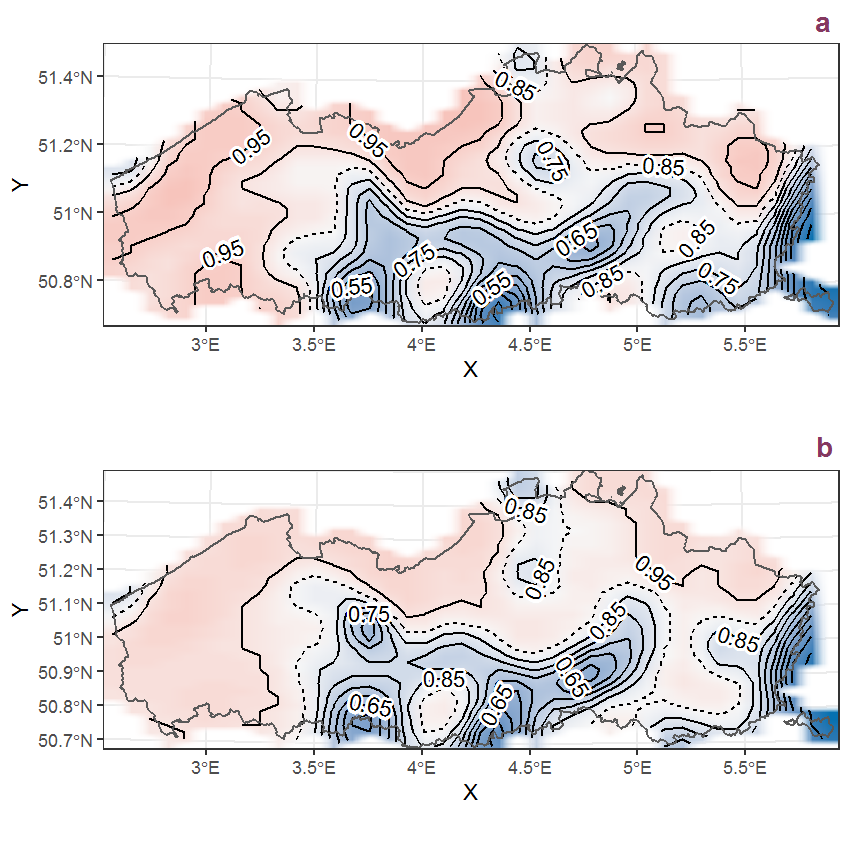 Visualisation of the spatial smooth effect on the probability of Phragmites australis (Cav.) Steud. presence in 1 km x 1 km squares where the species has been observed at least once. The probabilities (values on the contour lines) are conditional on the final year of observation and a list-length equal to 130. The dashed contour line demarcates zones where the species is expected to be more prevalent (red shades) from zones where the species is less prevalent (blue shades). a: 1950 - 2018, b: 1990 - 2018.