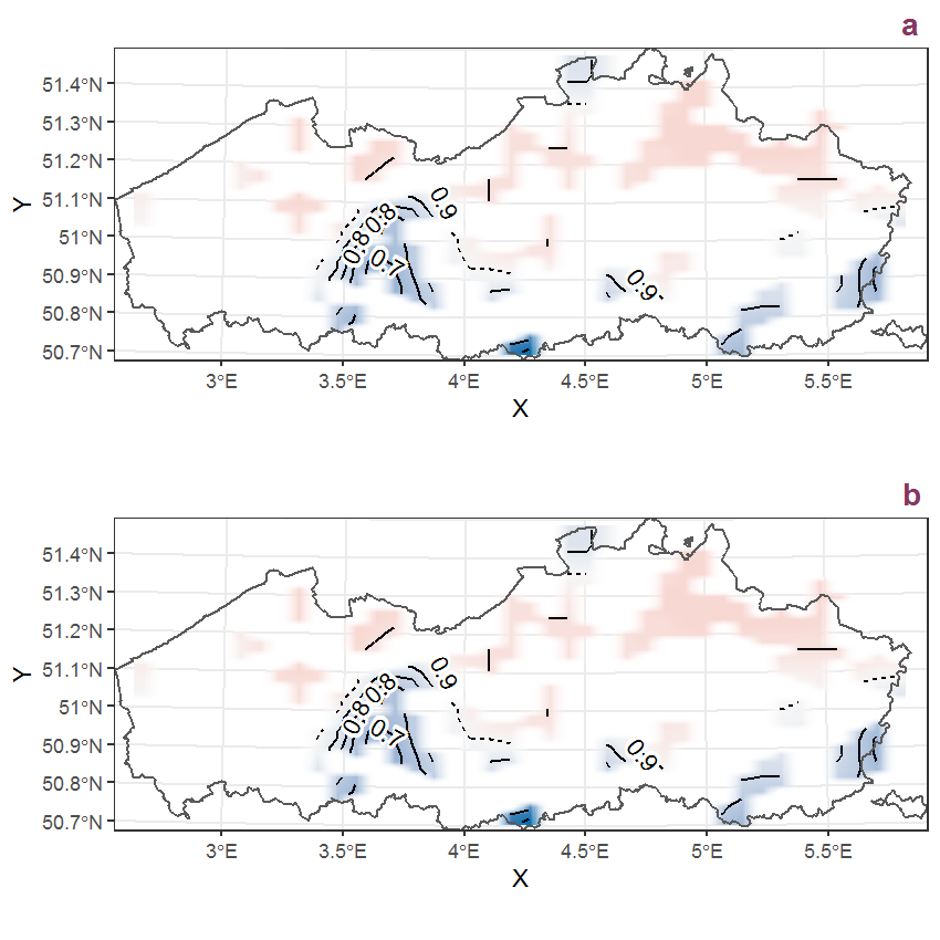 Visualisation of the spatial smooth effect on the probability of Phytolacca esculenta Van Houtte presence in 1 km x 1 km squares where the species has been observed at least once. The probabilities (values on the contour lines) are conditional on the final year of observation and a list-length equal to 130. The dashed contour line demarcates zones where the species is expected to be more prevalent (red shades) from zones where the species is less prevalent (blue shades). a: 1950 - 2018, b: 1990 - 2018.
