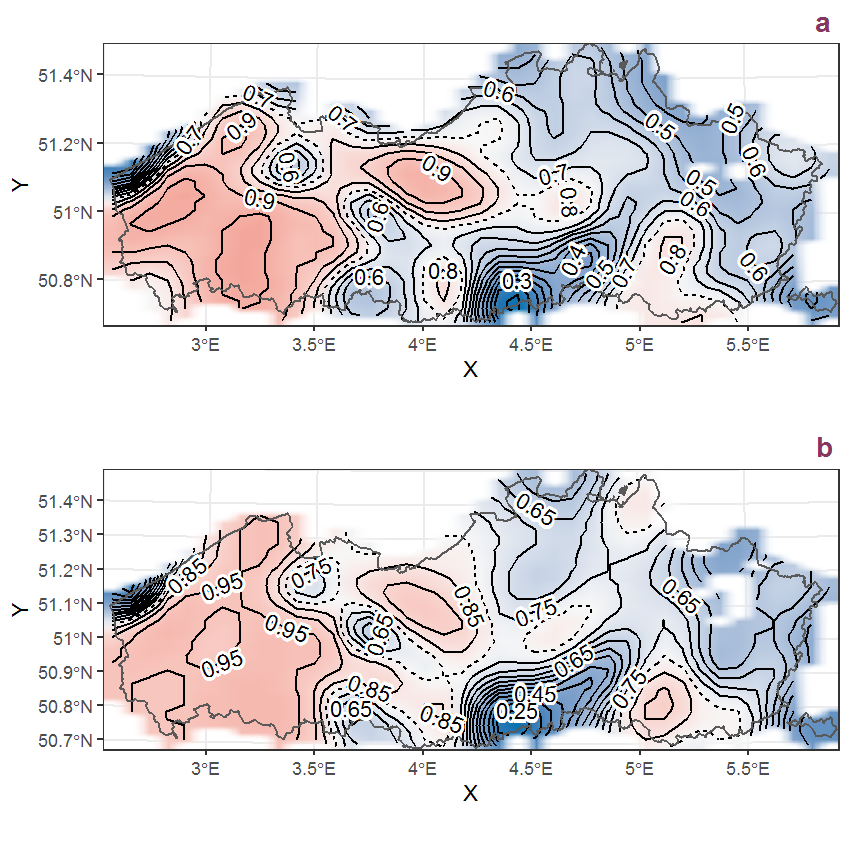 Visualisation of the spatial smooth effect on the probability of Polygonum amphibium L. presence in 1 km x 1 km squares where the species has been observed at least once. The probabilities (values on the contour lines) are conditional on the final year of observation and a list-length equal to 130. The dashed contour line demarcates zones where the species is expected to be more prevalent (red shades) from zones where the species is less prevalent (blue shades). a: 1950 - 2018, b: 1990 - 2018.