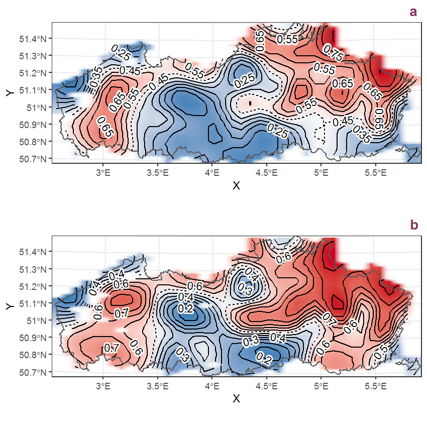 Visualisation of the spatial smooth effect on the probability of Populus tremula L. presence in 1 km x 1 km squares where the species has been observed at least once. The probabilities (values on the contour lines) are conditional on the final year of observation and a list-length equal to 130. The dashed contour line demarcates zones where the species is expected to be more prevalent (red shades) from zones where the species is less prevalent (blue shades). a: 1950 - 2018, b: 1990 - 2018.