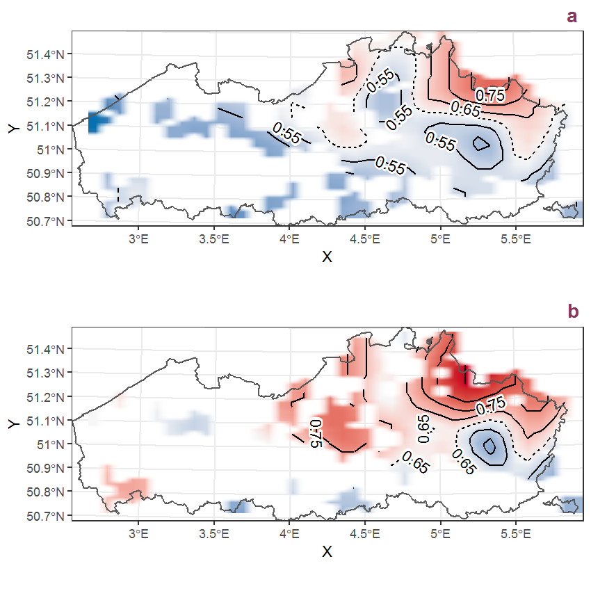 Visualisation of the spatial smooth effect on the probability of Potamogeton natans L. presence in 1 km x 1 km squares where the species has been observed at least once. The probabilities (values on the contour lines) are conditional on the final year of observation and a list-length equal to 130. The dashed contour line demarcates zones where the species is expected to be more prevalent (red shades) from zones where the species is less prevalent (blue shades). a: 1950 - 2018, b: 1990 - 2018.