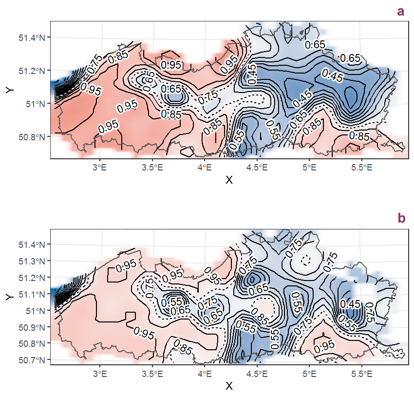 Visualisation of the spatial smooth effect on the probability of Potentilla anserina L. presence in 1 km x 1 km squares where the species has been observed at least once. The probabilities (values on the contour lines) are conditional on the final year of observation and a list-length equal to 130. The dashed contour line demarcates zones where the species is expected to be more prevalent (red shades) from zones where the species is less prevalent (blue shades). a: 1950 - 2018, b: 1990 - 2018.