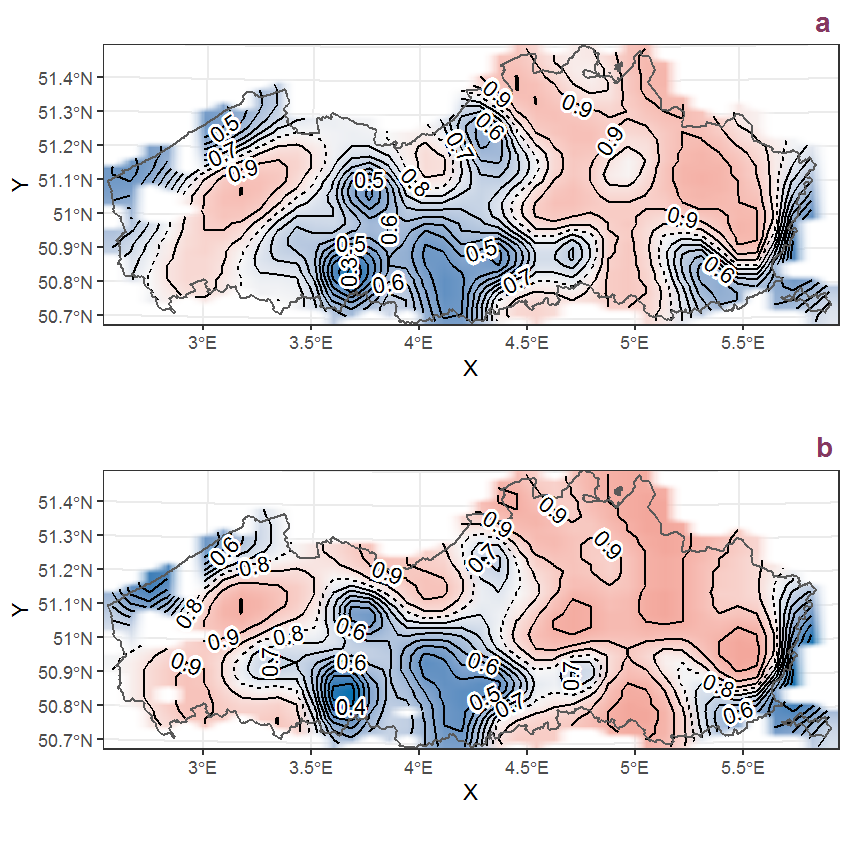 Visualisation of the spatial smooth effect on the probability of Prunus serotina Ehrh. presence in 1 km x 1 km squares where the species has been observed at least once. The probabilities (values on the contour lines) are conditional on the final year of observation and a list-length equal to 130. The dashed contour line demarcates zones where the species is expected to be more prevalent (red shades) from zones where the species is less prevalent (blue shades). a: 1950 - 2018, b: 1990 - 2018.