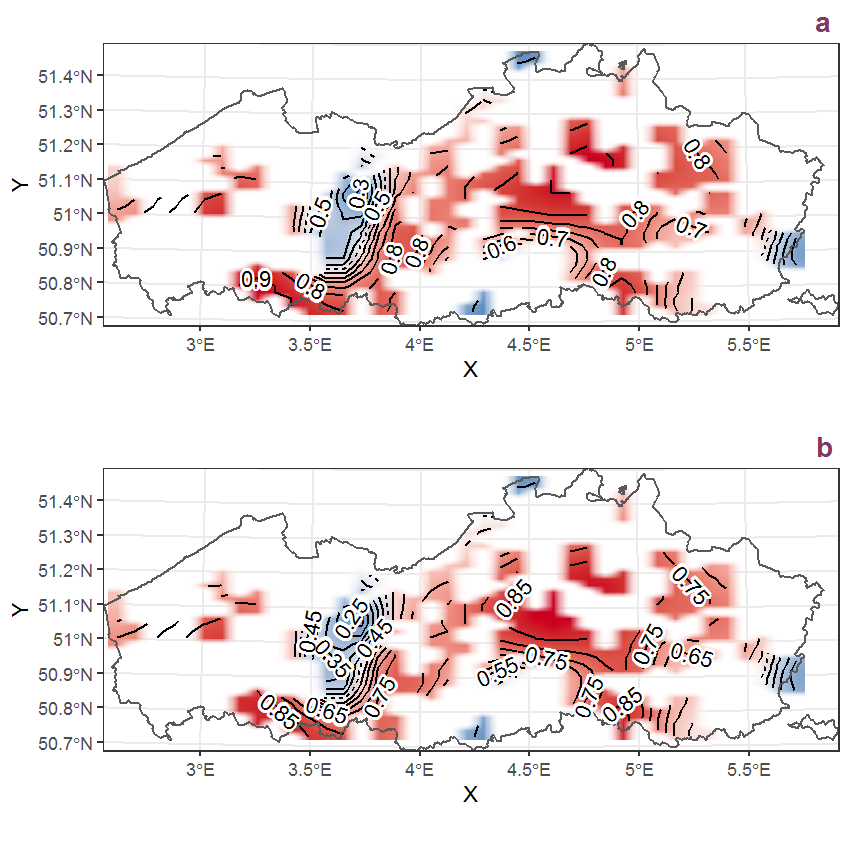 Visualisation of the spatial smooth effect on the probability of Rhus hirta (L.) Sudworth presence in 1 km x 1 km squares where the species has been observed at least once. The probabilities (values on the contour lines) are conditional on the final year of observation and a list-length equal to 130. The dashed contour line demarcates zones where the species is expected to be more prevalent (red shades) from zones where the species is less prevalent (blue shades). a: 1950 - 2018, b: 1990 - 2018.