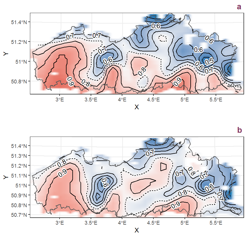 Visualisation of the spatial smooth effect on the probability of Ribes rubrum L. presence in 1 km x 1 km squares where the species has been observed at least once. The probabilities (values on the contour lines) are conditional on the final year of observation and a list-length equal to 130. The dashed contour line demarcates zones where the species is expected to be more prevalent (red shades) from zones where the species is less prevalent (blue shades). a: 1950 - 2018, b: 1990 - 2018.