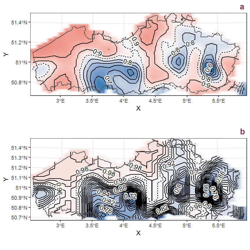 Visualisation of the spatial smooth effect on the probability of Senecio jacobaea L. presence in 1 km x 1 km squares where the species has been observed at least once. The probabilities (values on the contour lines) are conditional on the final year of observation and a list-length equal to 130. The dashed contour line demarcates zones where the species is expected to be more prevalent (red shades) from zones where the species is less prevalent (blue shades). a: 1950 - 2018, b: 1990 - 2018.