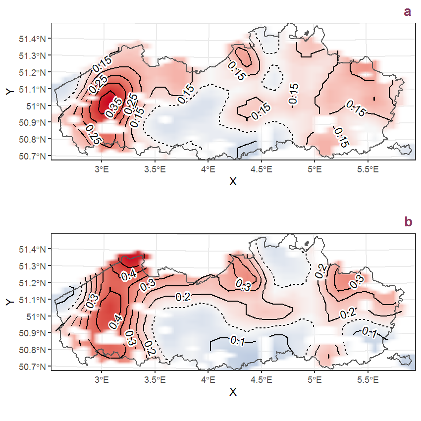 Visualisation of the spatial smooth effect on the probability of Senecio viscosus L. presence in 1 km x 1 km squares where the species has been observed at least once. The probabilities (values on the contour lines) are conditional on the final year of observation and a list-length equal to 130. The dashed contour line demarcates zones where the species is expected to be more prevalent (red shades) from zones where the species is less prevalent (blue shades). a: 1950 - 2018, b: 1990 - 2018.