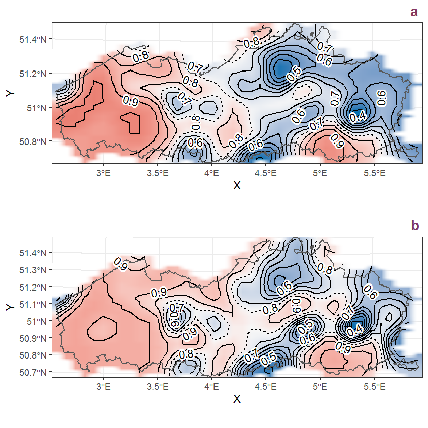 Visualisation of the spatial smooth effect on the probability of Senecio vulgaris L. presence in 1 km x 1 km squares where the species has been observed at least once. The probabilities (values on the contour lines) are conditional on the final year of observation and a list-length equal to 130. The dashed contour line demarcates zones where the species is expected to be more prevalent (red shades) from zones where the species is less prevalent (blue shades). a: 1950 - 2018, b: 1990 - 2018.