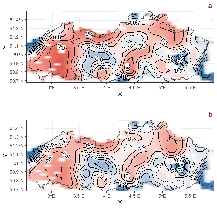 Visualisation of the spatial smooth effect on the probability of Solidago gigantea Ait. presence in 1 km x 1 km squares where the species has been observed at least once. The probabilities (values on the contour lines) are conditional on the final year of observation and a list-length equal to 130. The dashed contour line demarcates zones where the species is expected to be more prevalent (red shades) from zones where the species is less prevalent (blue shades). a: 1950 - 2018, b: 1990 - 2018.