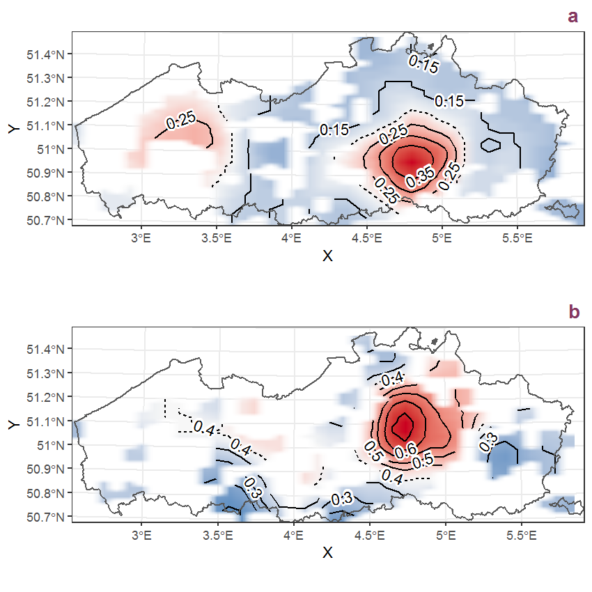Visualisation of the spatial smooth effect on the probability of Solidago virgaurea L. presence in 1 km x 1 km squares where the species has been observed at least once. The probabilities (values on the contour lines) are conditional on the final year of observation and a list-length equal to 130. The dashed contour line demarcates zones where the species is expected to be more prevalent (red shades) from zones where the species is less prevalent (blue shades). a: 1950 - 2018, b: 1990 - 2018.