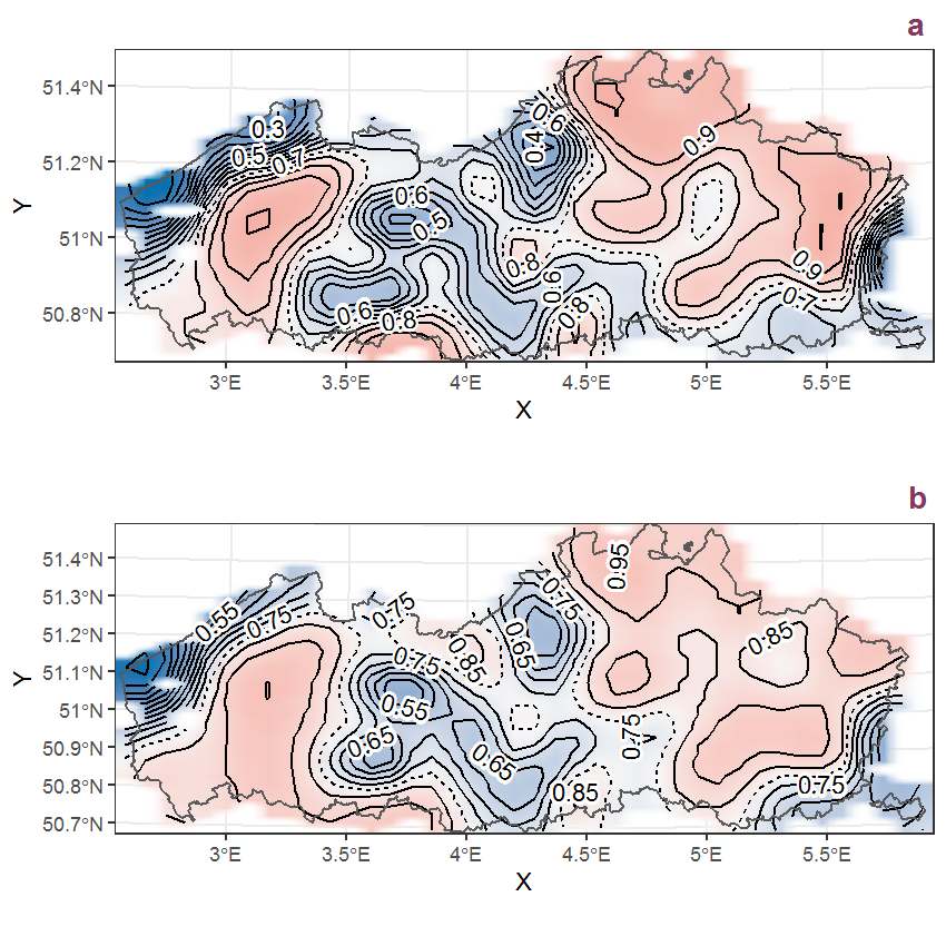Visualisation of the spatial smooth effect on the probability of Sorbus aucuparia L. presence in 1 km x 1 km squares where the species has been observed at least once. The probabilities (values on the contour lines) are conditional on the final year of observation and a list-length equal to 130. The dashed contour line demarcates zones where the species is expected to be more prevalent (red shades) from zones where the species is less prevalent (blue shades). a: 1950 - 2018, b: 1990 - 2018.