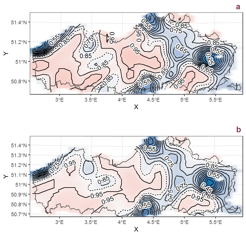 Visualisation of the spatial smooth effect on the probability of Symphytum officinale L. presence in 1 km x 1 km squares where the species has been observed at least once. The probabilities (values on the contour lines) are conditional on the final year of observation and a list-length equal to 130. The dashed contour line demarcates zones where the species is expected to be more prevalent (red shades) from zones where the species is less prevalent (blue shades). a: 1950 - 2018, b: 1990 - 2018.
