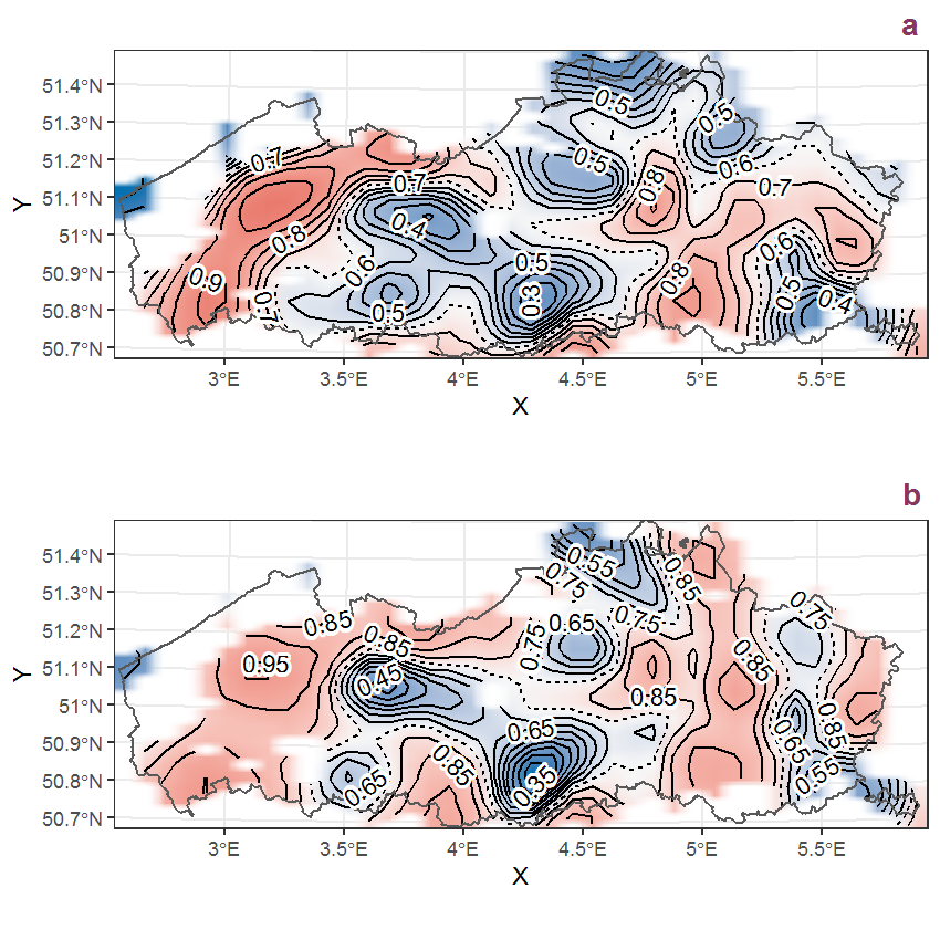 Visualisation of the spatial smooth effect on the probability of Teucrium scorodonia L. presence in 1 km x 1 km squares where the species has been observed at least once. The probabilities (values on the contour lines) are conditional on the final year of observation and a list-length equal to 130. The dashed contour line demarcates zones where the species is expected to be more prevalent (red shades) from zones where the species is less prevalent (blue shades). a: 1950 - 2018, b: 1990 - 2018.