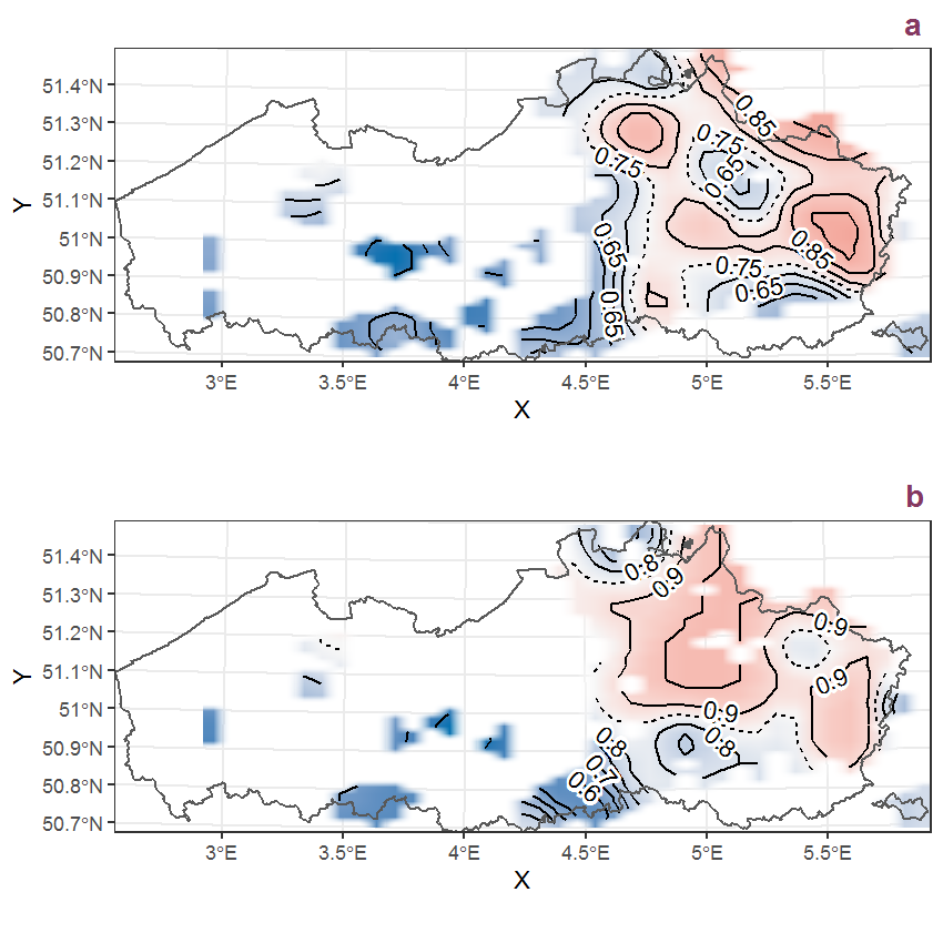 Visualisation of the spatial smooth effect on the probability of Vaccinium myrtillus L. presence in 1 km x 1 km squares where the species has been observed at least once. The probabilities (values on the contour lines) are conditional on the final year of observation and a list-length equal to 130. The dashed contour line demarcates zones where the species is expected to be more prevalent (red shades) from zones where the species is less prevalent (blue shades). a: 1950 - 2018, b: 1990 - 2018.