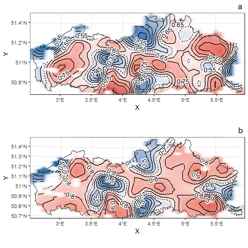 Visualisation of the spatial smooth effect on the probability of Viburnum opulus L. presence in 1 km x 1 km squares where the species has been observed at least once. The probabilities (values on the contour lines) are conditional on the final year of observation and a list-length equal to 130. The dashed contour line demarcates zones where the species is expected to be more prevalent (red shades) from zones where the species is less prevalent (blue shades). a: 1950 - 2018, b: 1990 - 2018.