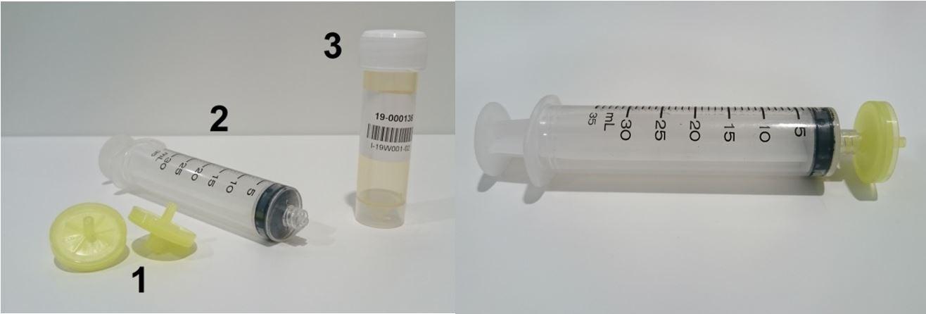 Links: filters (A-20/25) met een membraan met poriëngrootte van 0,20 µm (1) en spuiten (35 ml) met een conus met Luer-lock (2) en recipiënt met salpeterzuur 65% (3) Rechts: spuit met vastgeschroefde filter.