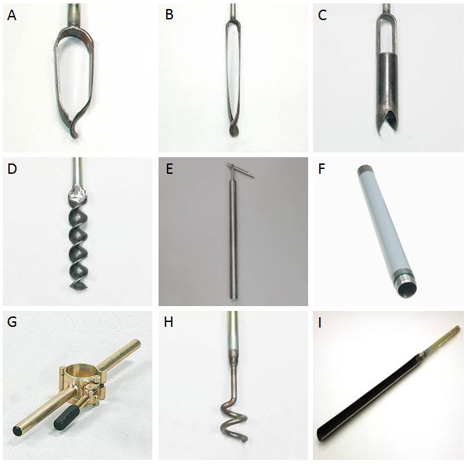 Boormateriaal (A = edelmanboor, B = smalle edelmanboor, C = riversideboor, D = spiraalboor, E = pulsboor, F = verbuizing, G = Klem voor verbuizing, H = keienvanger, I = gutsboor)
