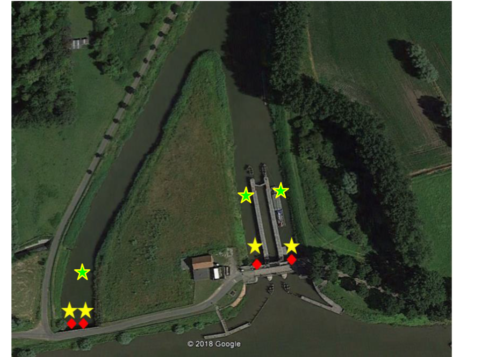 Studiegebied (links Balgerhoeke; rechts Schipdonk) met aanduiding van de locaties van de substraten (rode ruitjes), fuiken (gele sterren) en palinggoot (oranje streepje).