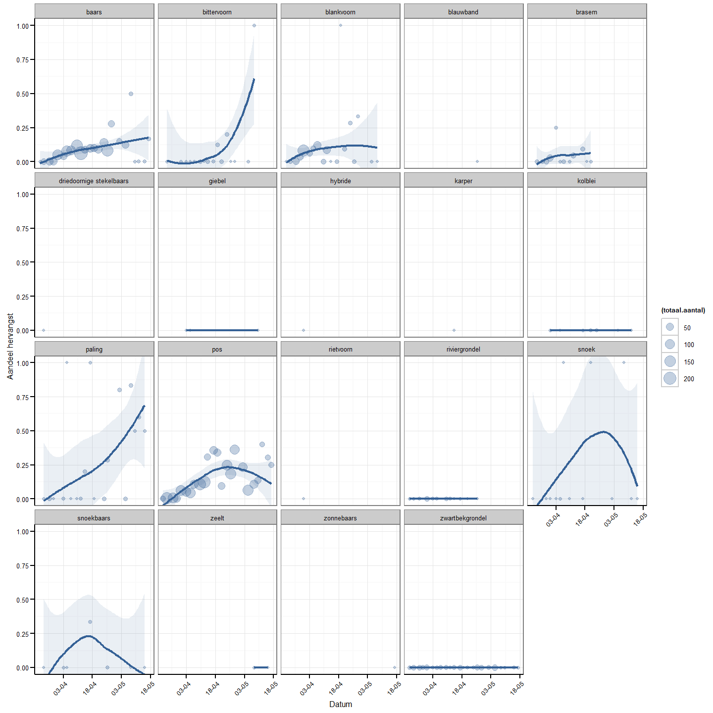 Aandeel hervangst op totale fuikvangst per soort. Elk punt geeft de vangst van één dag weer. De grootte van de punten weerspiegelt de totale vangst per soort. Loess smoothing (span=1) werd gebruikt om een eventuele trend te visualiseren (blauwe lijn). Voor deze smoothing krijgen dagen met een grotere vangst een groter gewicht (lineaire verhouding toekenning gewicht). 95% betrouwbaarheidsintervallen van de loess smoothing zijn weergegeven als een grijze band.