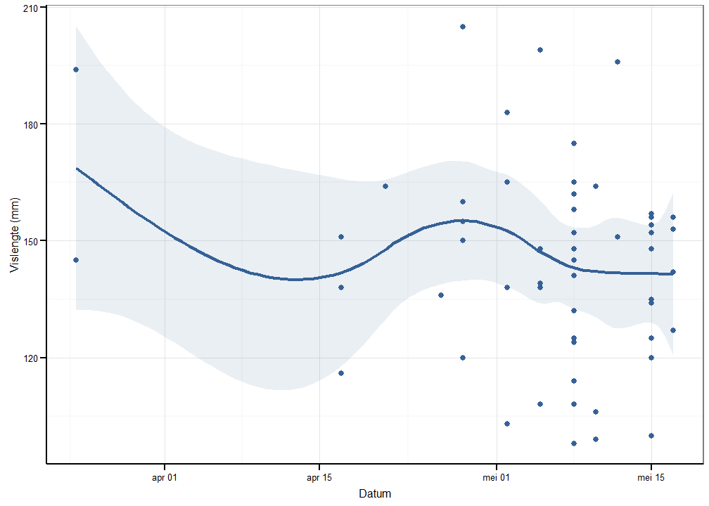Lengte van elvers gevangen met de palinggoot in Balgerhoeke in functie van de tijd.