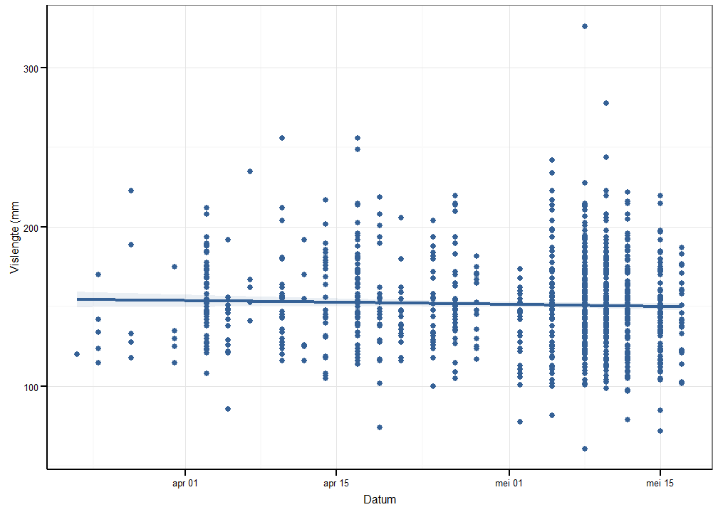 Lengte van elvers gevangen met substraten in Balgerhoeke in functie van de tijd.