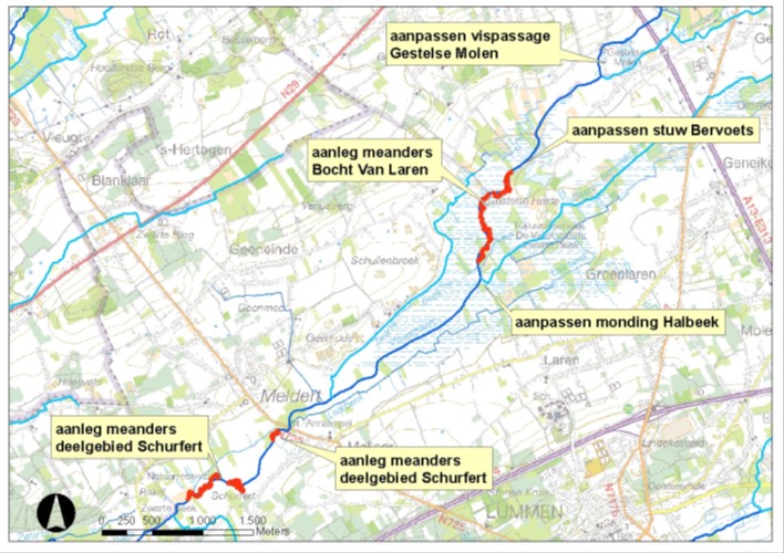Situering van het studiegebied met een overzicht van de geplande rivierherstelmaatregelen in de Zwarte beek in Lummen.
