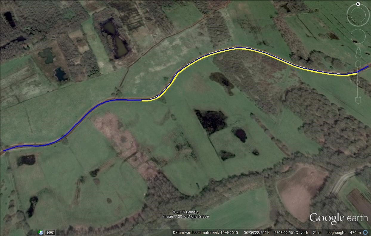 Deelgebied ‘Schurfert’ (blauw) met aanduiding van sectie van 600 meter (geel) (Foto Google earth 2016).
