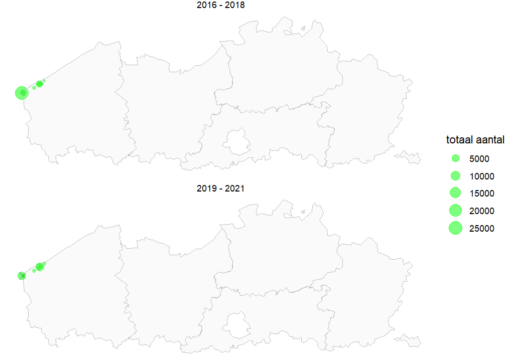 Kaart met totale populatiegrootte van Honingorchis per locatie voor de periode 2016-2018 en 2019-2021. Als een soort niet werd waargenomen, geven we dit weer met een X.