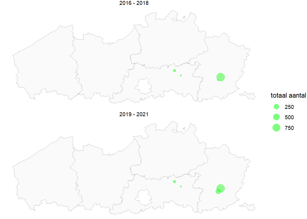 Kaart met totale populatiegrootte van Kleine schorseneer per locatie voor de periode 2016-2018 en 2019-2021. Als een soort niet werd waargenomen, geven we dit weer met een X.