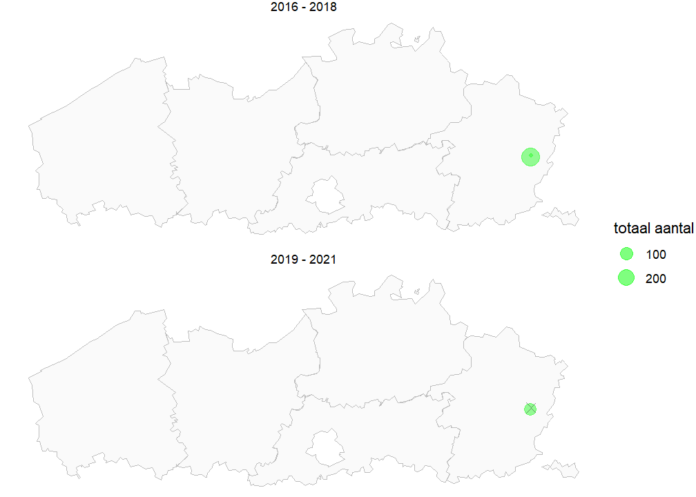 Kaart met totale populatiegrootte van Kleine wolfsklauw per locatie voor de periode 2016-2018 en 2019-2021. Als een soort niet werd waargenomen, geven we dit weer met een X.