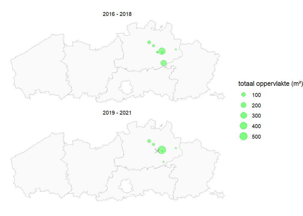 Kaart met totale populatiegrootte van Klimopklokje per locatie voor de periode 2016-2018 en 2019-2021. Als een soort niet werd waargenomen, geven we dit weer met een X.