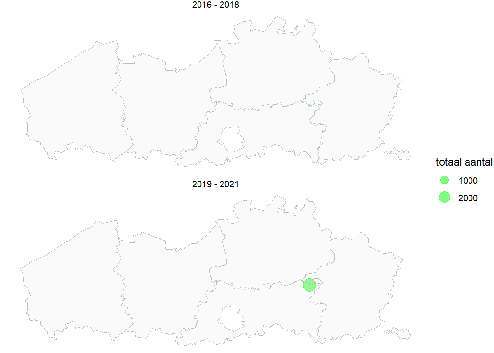 Kaart met totale populatiegrootte van Koprus per locatie voor de periode 2016-2018 en 2019-2021. Als een soort niet werd waargenomen, geven we dit weer met een X.