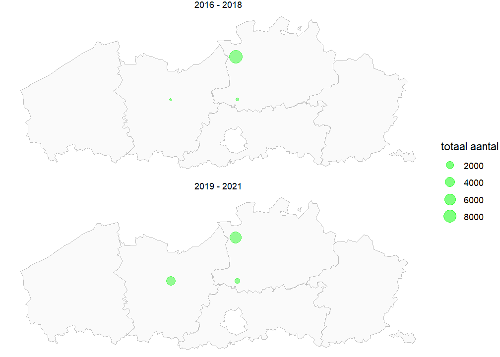 Kaart met totale populatiegrootte van Krabbenscheer per locatie voor de periode 2016-2018 en 2019-2021. Als een soort niet werd waargenomen, geven we dit weer met een X.