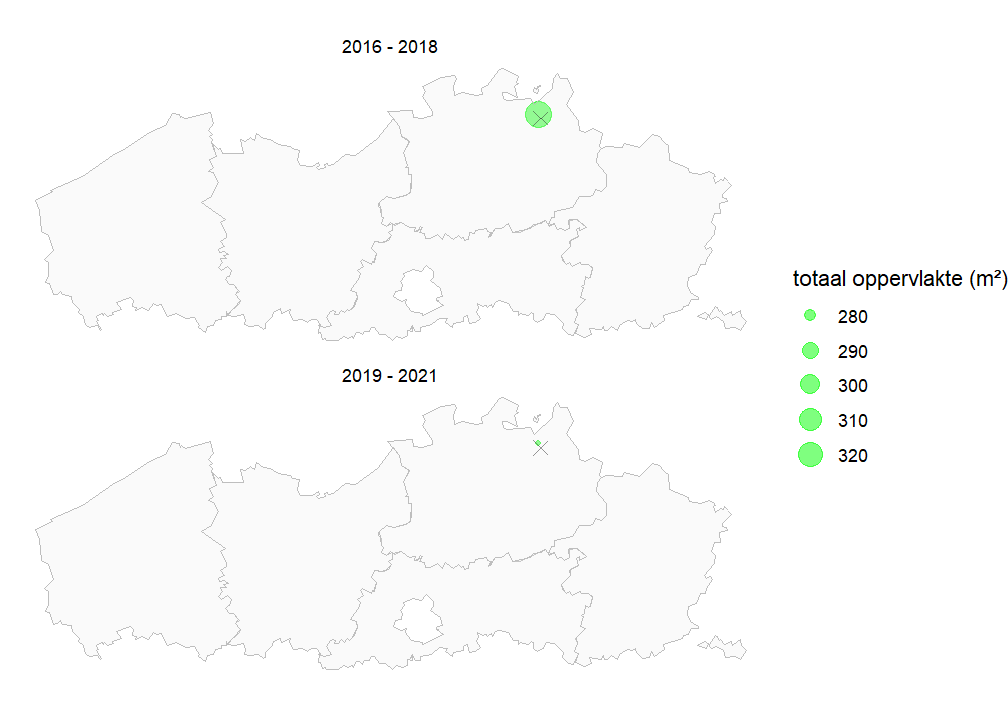 Kaart met totale populatiegrootte van Moerassmele per locatie voor de periode 2016-2018 en 2019-2021. Als een soort niet werd waargenomen, geven we dit weer met een X.