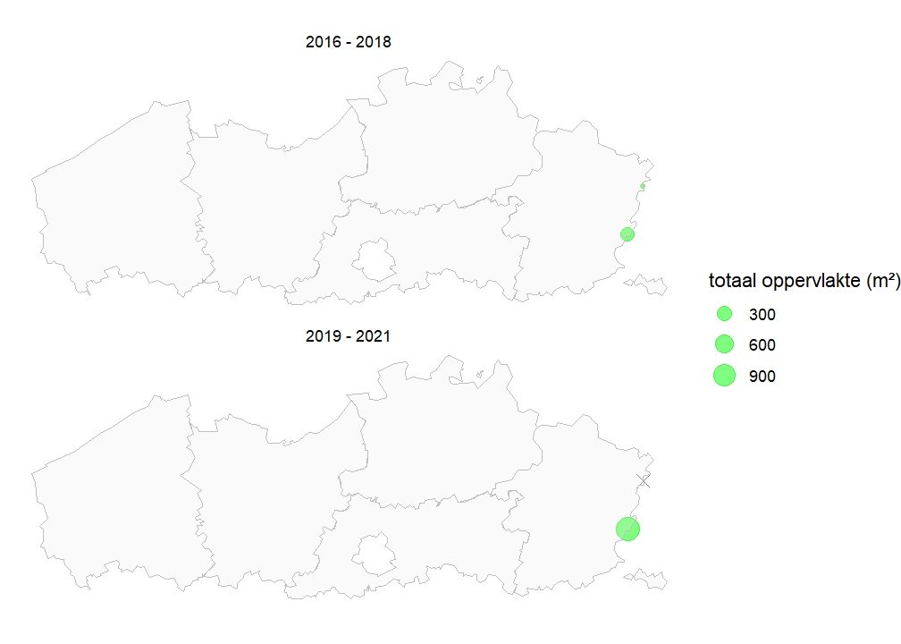 Kaart met totale populatiegrootte van Polei per locatie voor de periode 2016-2018 en 2019-2021. Als een soort niet werd waargenomen, geven we dit weer met een X.