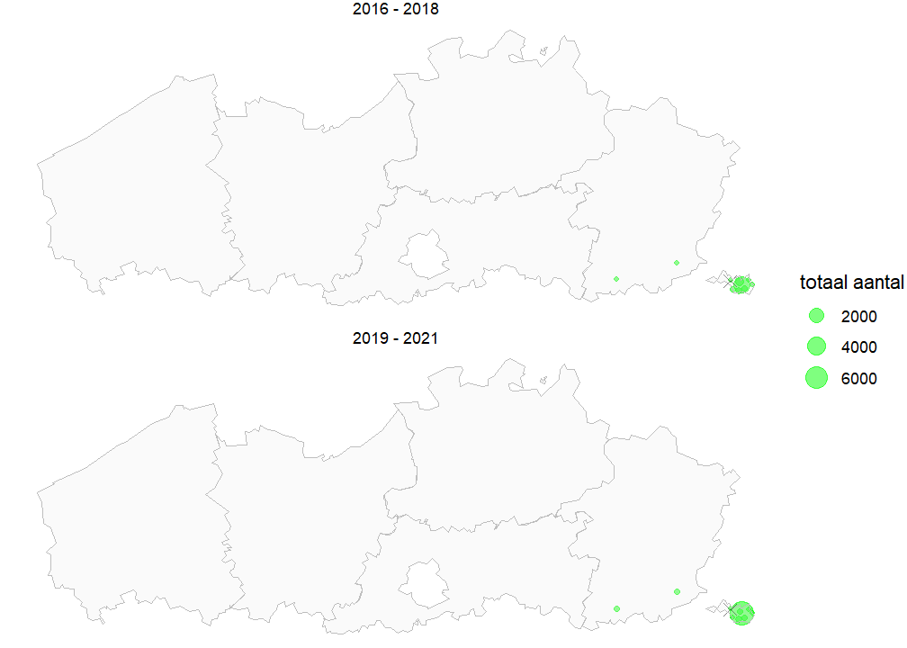 Kaart met totale populatiegrootte van Purperorchis per locatie voor de periode 2016-2018 en 2019-2021. Als een soort niet werd waargenomen, geven we dit weer met een X.