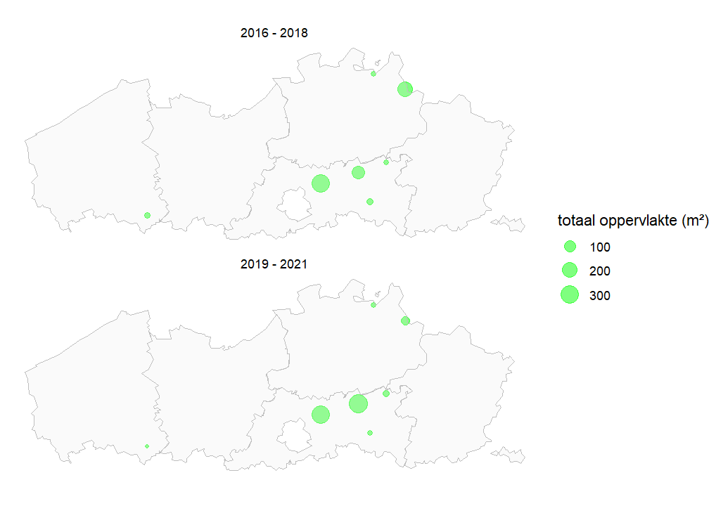 Kaart met totale populatiegrootte van Ronde zegge per locatie voor de periode 2016-2018 en 2019-2021. Als een soort niet werd waargenomen, geven we dit weer met een X.