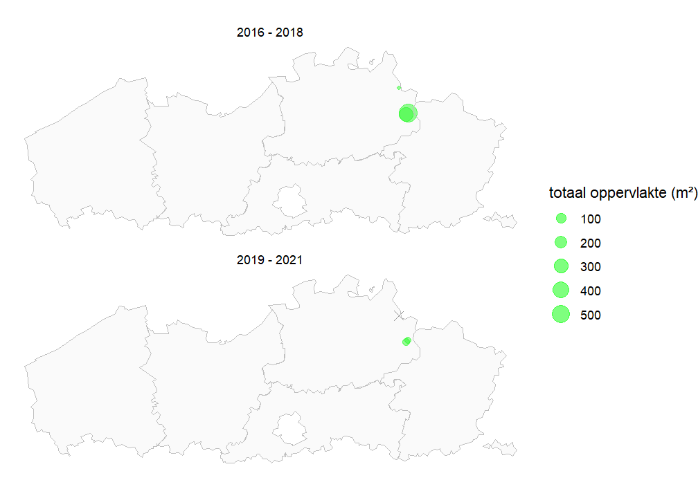 Kaart met totale populatiegrootte van Slank wollegras per locatie voor de periode 2016-2018 en 2019-2021. Als een soort niet werd waargenomen, geven we dit weer met een X.
