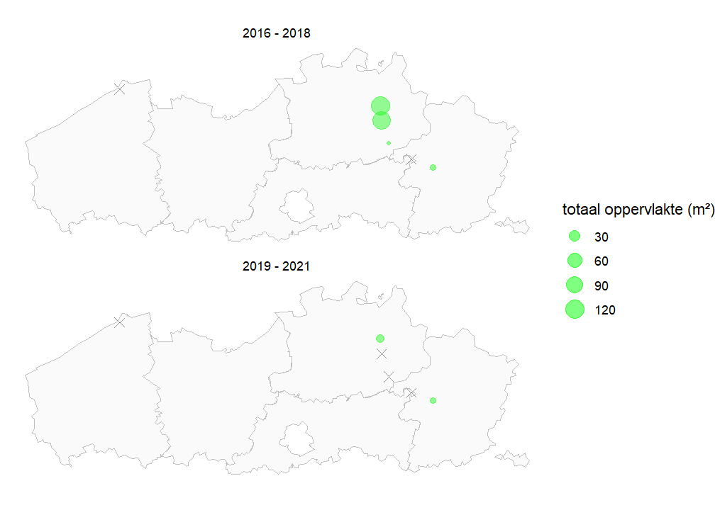 Kaart met totale populatiegrootte van Spits fonteinkruid per locatie voor de periode 2016-2018 en 2019-2021. Als een soort niet werd waargenomen, geven we dit weer met een X.