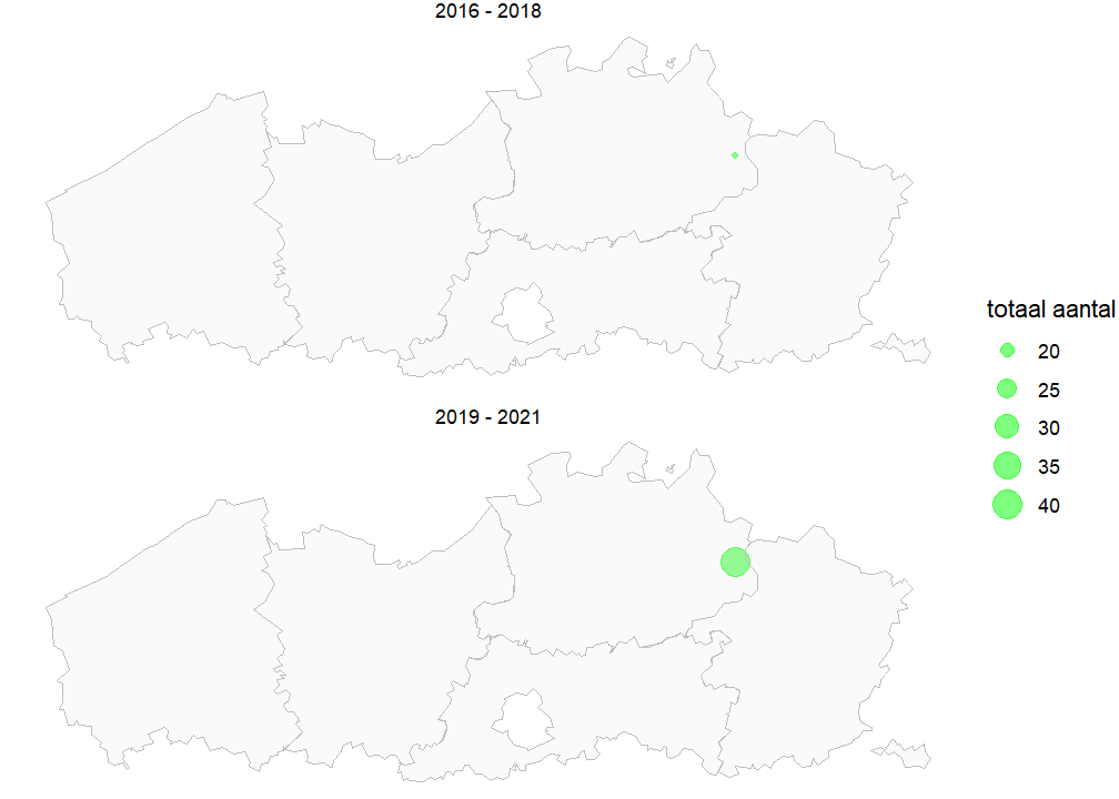 Kaart met totale populatiegrootte van Veenmosorchis per locatie voor de periode 2016-2018 en 2019-2021. Als een soort niet werd waargenomen, geven we dit weer met een X.