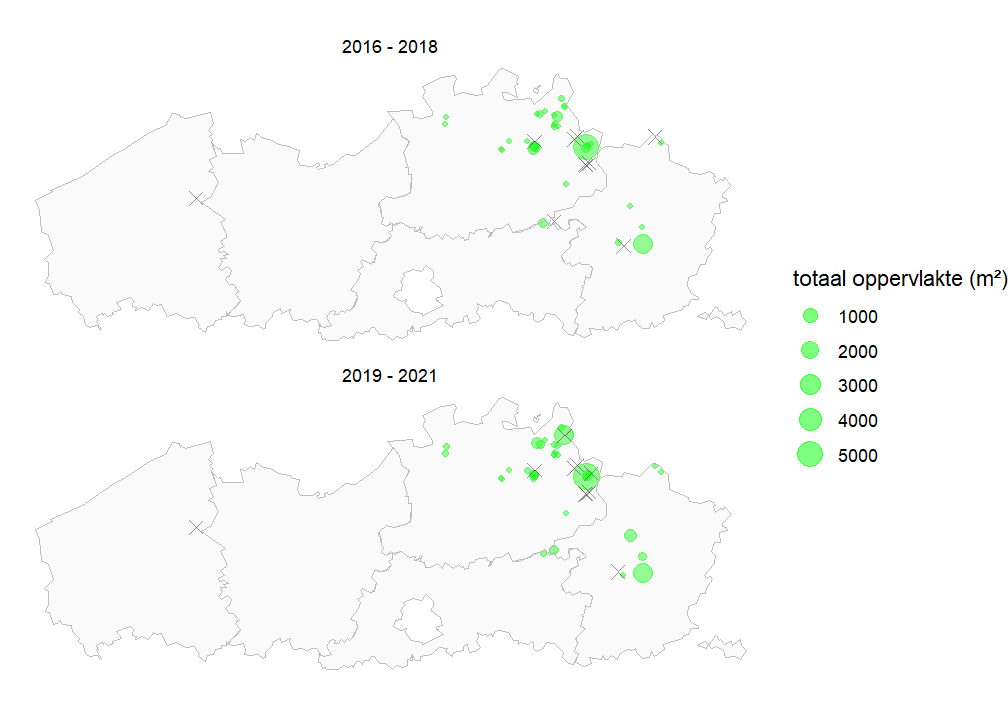 Kaart met totale populatiegrootte van Witte waterranonkel per locatie voor de periode 2016-2018 en 2019-2021. Als een soort niet werd waargenomen, geven we dit weer met een X.