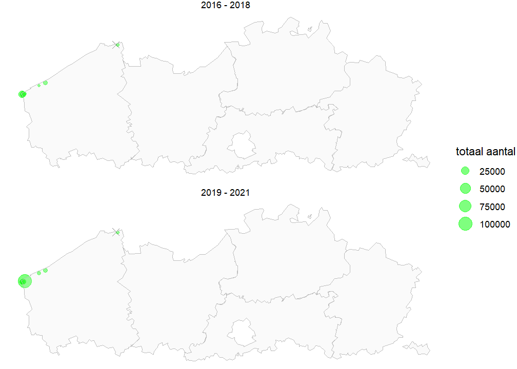Kaart met totale populatiegrootte van Duingentiaan per locatie voor de periode 2016-2018 en 2019-2021. Als een soort niet werd waargenomen, geven we dit weer met een X.
