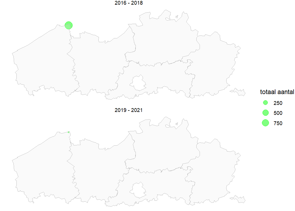 Kaart met totale populatiegrootte van Fijn goudscherm per locatie voor de periode 2016-2018 en 2019-2021. Als een soort niet werd waargenomen, geven we dit weer met een X.